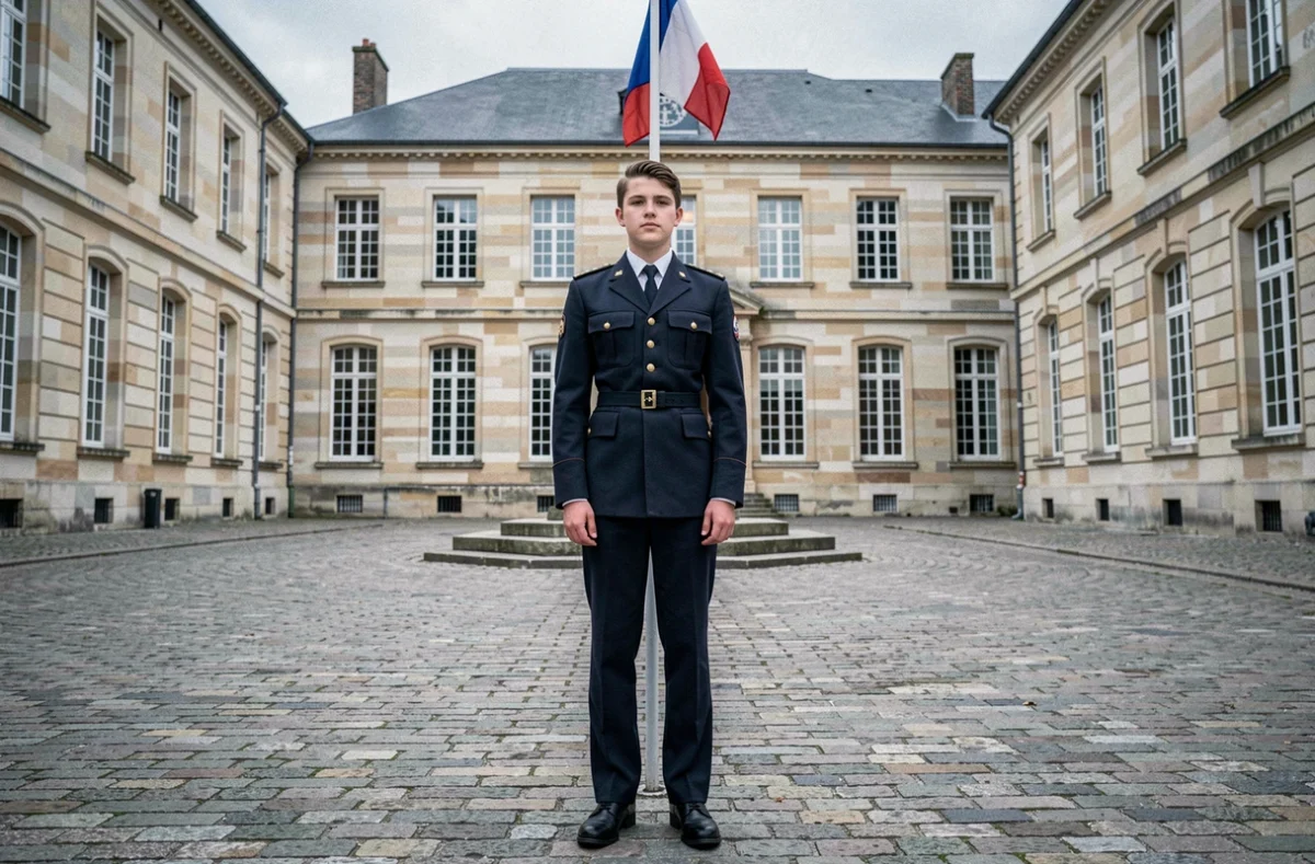 Cadet en uniforme militaire dans la cour du Lycée Militaire National d'Autun, Bourgogne