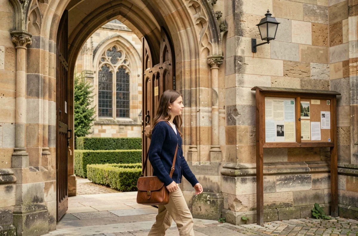 Élève entrant dans le lycée général Notre Dame de Dijon, établissement privé catholique aux façades en pierre historique