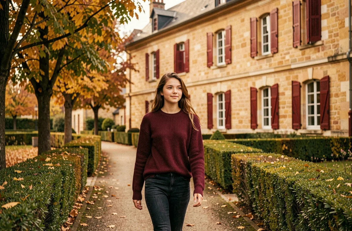 Lycéenne se promenant sur le campus verdoyant du lycée Saint-Coeur à Beaune, en Côte-d'Or