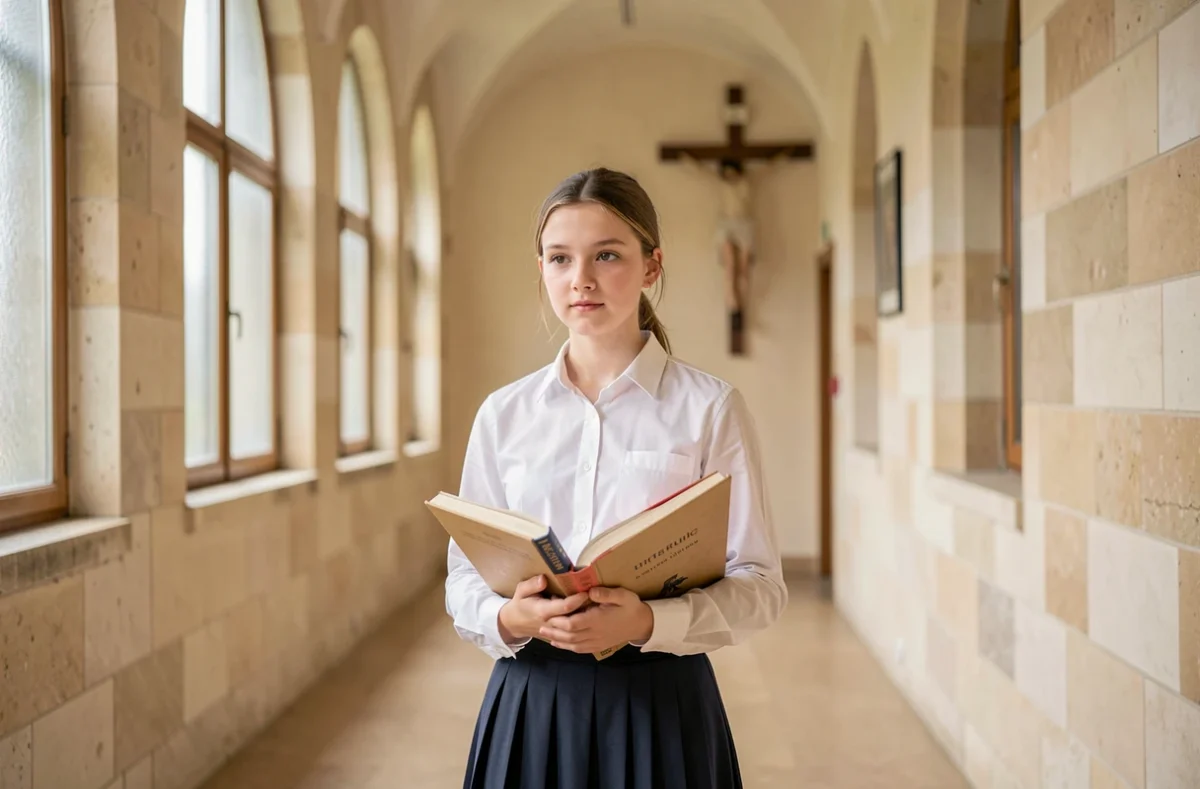 Lycéenne dans le couloir du lycée général et technologique Sainte Marie de Belfort, établissement catholique privé