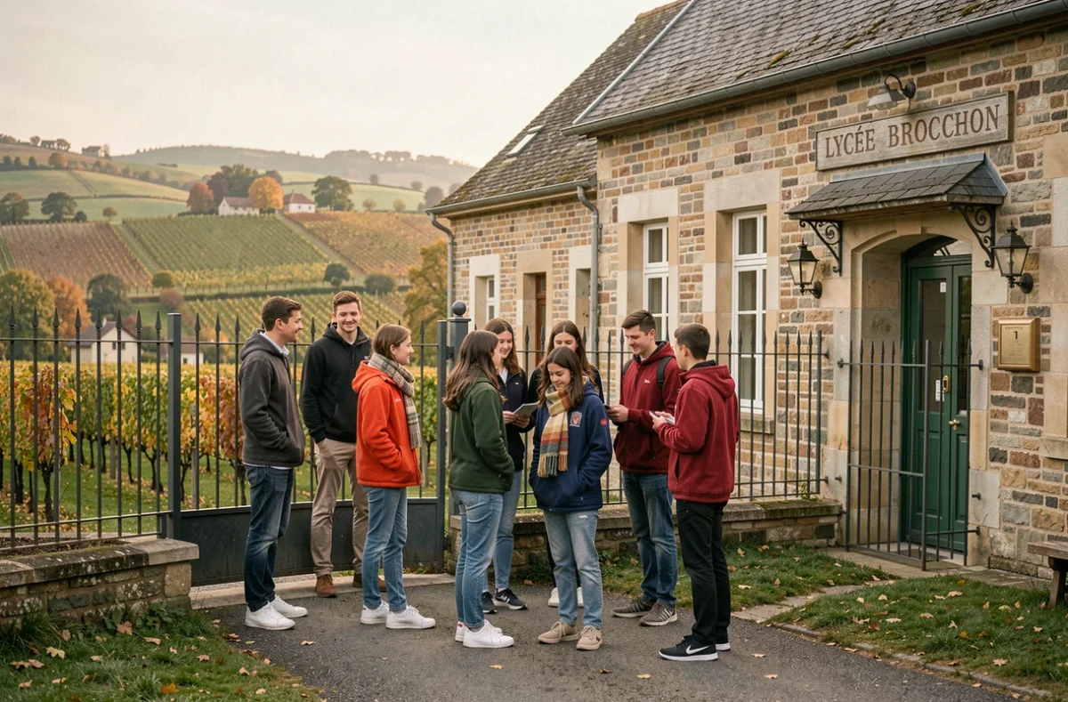 Élèves devant le lycée Stephen Liégeard à Brochon, entouré des vignes de la Côte-d'Or en Bourgogne