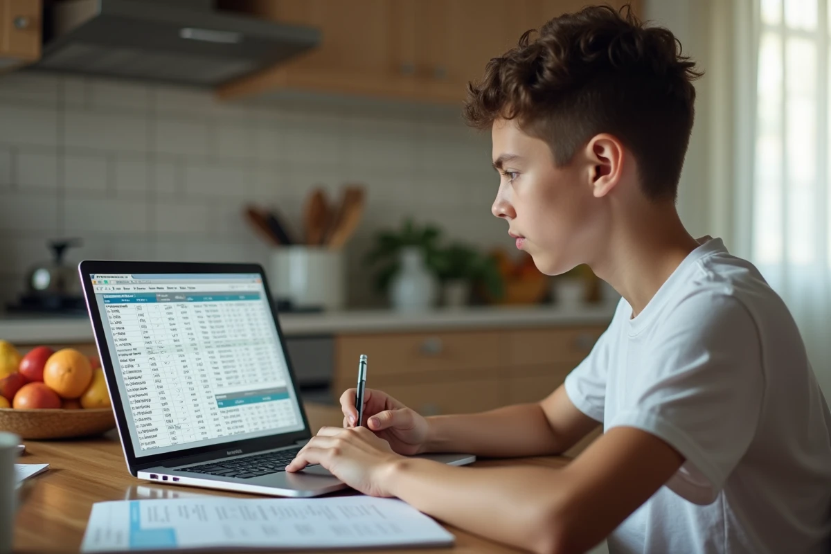 Adolescent calculant sa moyenne scolaire avec coefficients sur un tableur à la maison