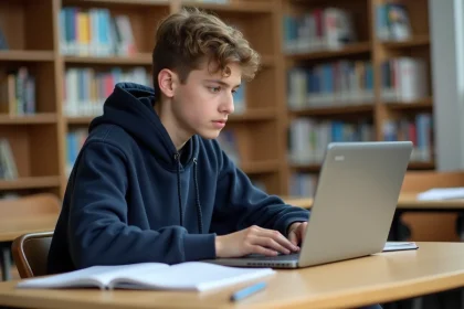 Lycéen utilisant l'ENT eschool sur un ordinateur portable dans une bibliothèque scolaire moderne en 2026