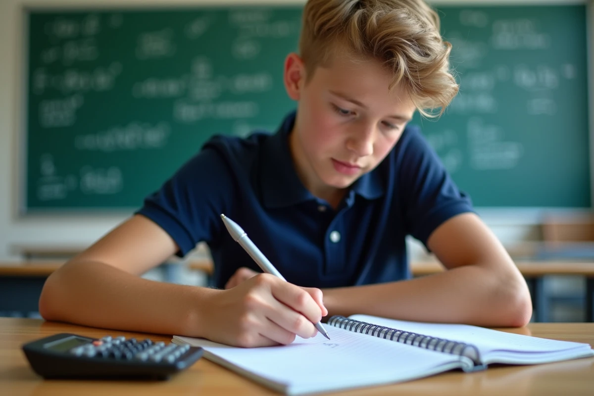 Lycéen résolvant une identité trigonométrique sin cos dans un cahier scolaire devant un tableau de formules mathématiques