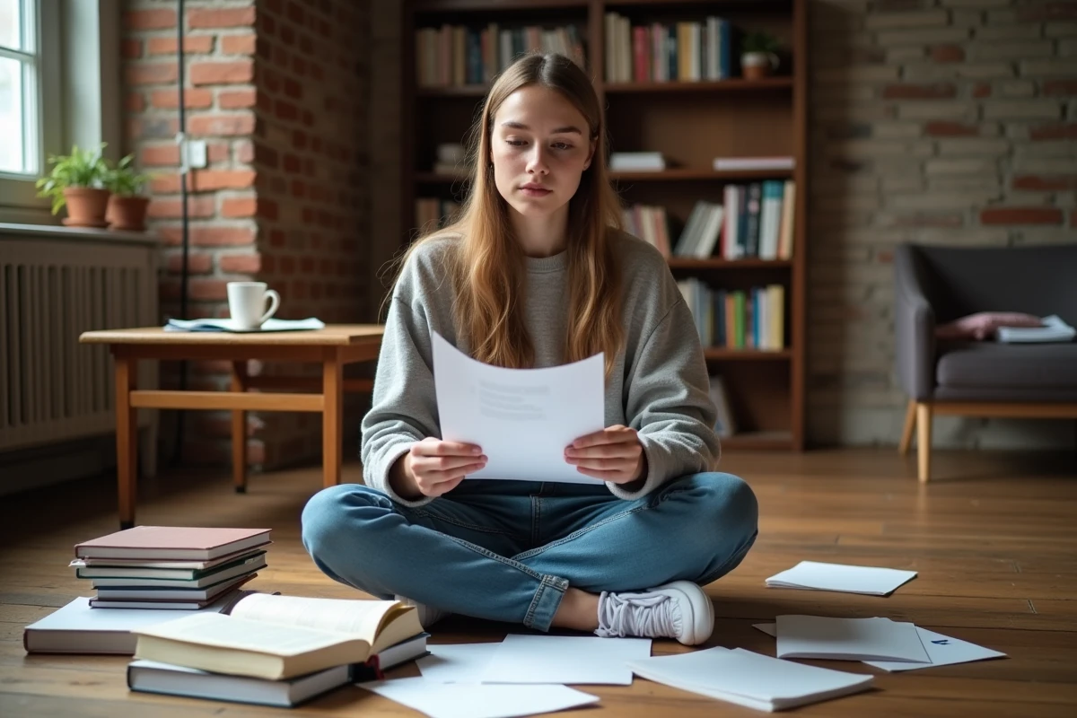 Lycéenne lisant un exemple de dissertation philosophique entourée de livres sur le sol d'une salle d'étude