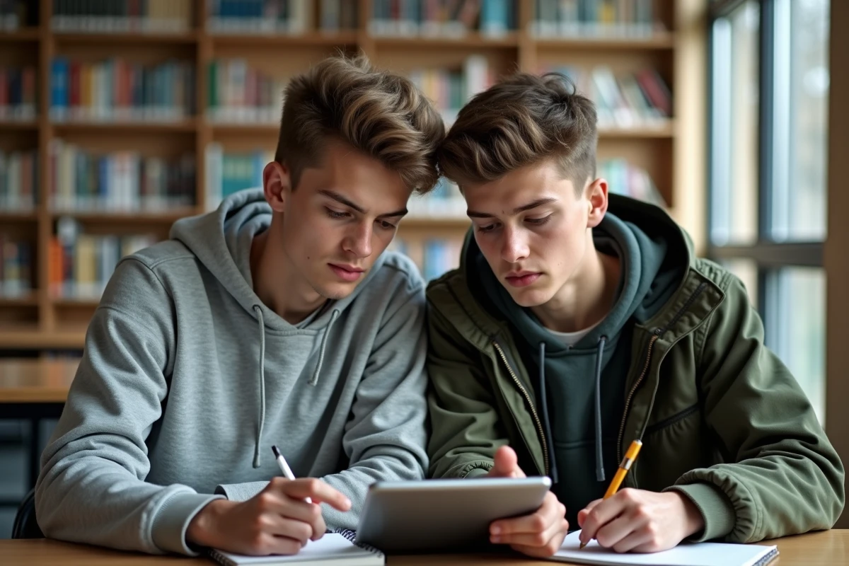 Deux lycéens consultant des manuels numériques sur une tablette dans une bibliothèque scolaire