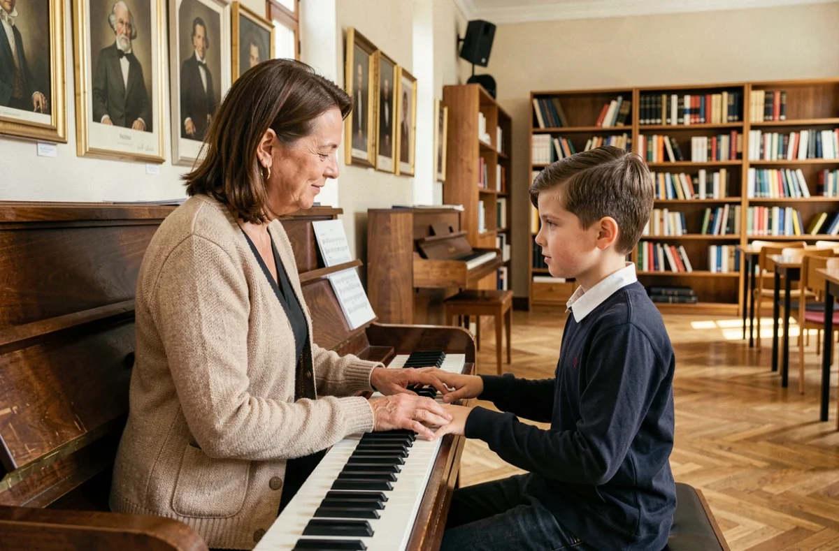 Professeure de musique guidant un élève au piano dans une salle de classe de La MC de Caudéran à Bordeaux