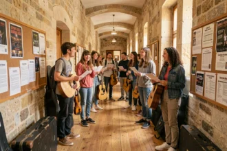 Élèves de différents âges dans le couloir d'une école de musique en Gironde, tenant des instruments et des partitions