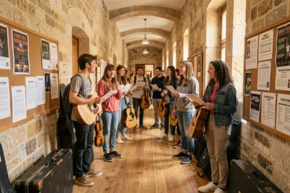 Élèves de différents âges dans le couloir d'une école de musique en Gironde, tenant des instruments et des partitions