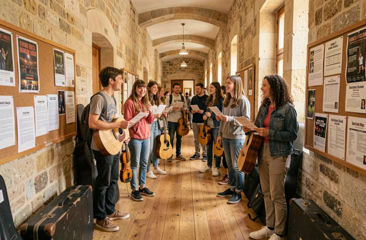 Élèves de différents âges dans le couloir d'une école de musique en Gironde, tenant des instruments et des partitions