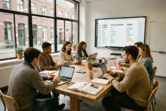 Groupe d'adultes et de jeunes professionnels suivant un cours d'anglais dans une école de langues moderne à Lille