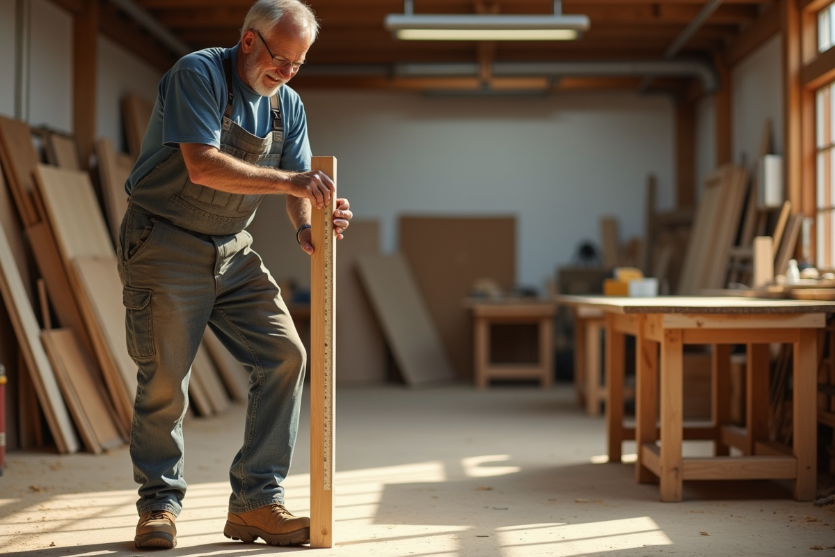 Homme d age moyen mesurant une planche de bois dans l atelier