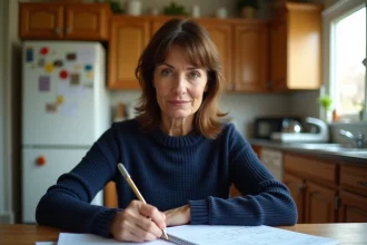 Mère concentrée calculant le contrôle continu du brevet de son enfant à la table de la cuisine avec des documents scolaires