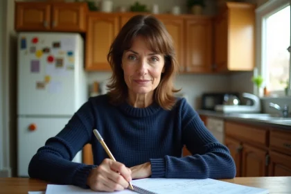 Mère concentrée calculant le contrôle continu du brevet de son enfant à la table de la cuisine avec des documents scolaires