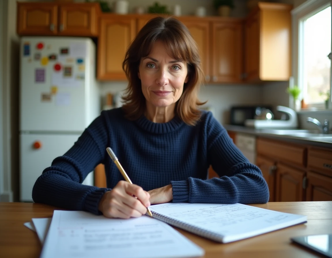 Mère concentrée calculant le contrôle continu du brevet de son enfant à la table de la cuisine avec des documents scolaires