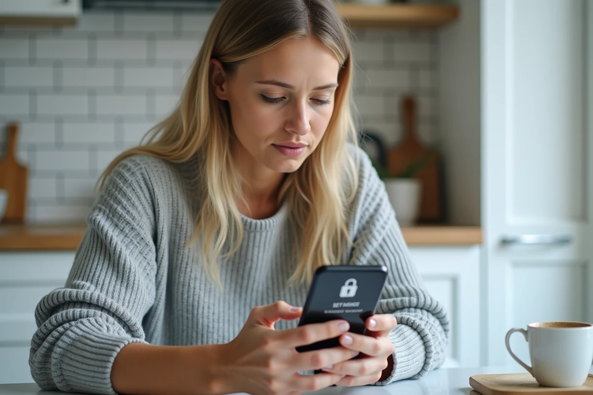 Mère consultant le portail ENT collège sur son smartphone dans la cuisine