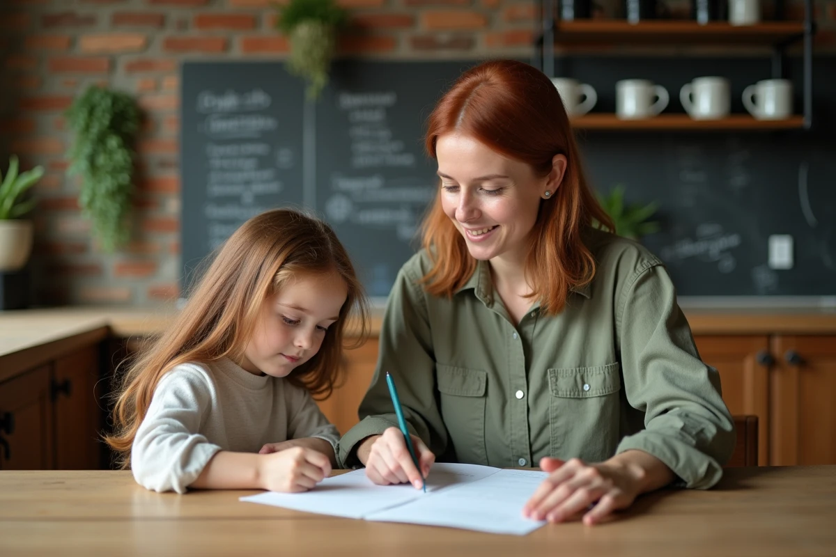 Mère et fille consultant ensemble un planning éducatif personnalisé dans une cuisine familiale, symbolisant l'implication parentale dans l'expérience d'apprentissage alternatif
