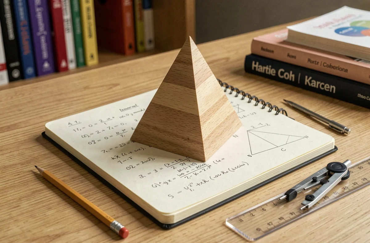 Modèle en bois de pyramide à base triangulaire sur un cahier de mathématiques avec calculs de volume