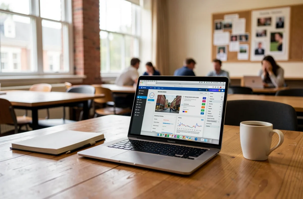 Ordinateur portable posé sur une table dans un espace étudiant