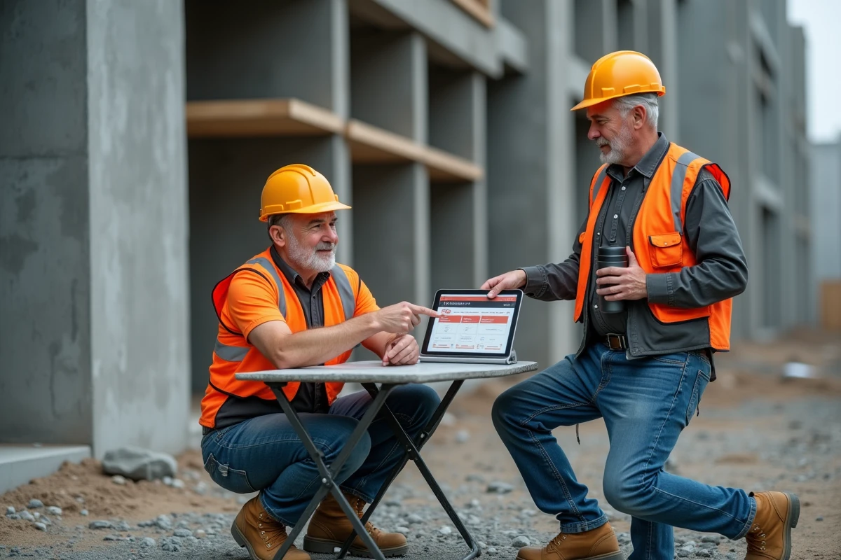 Deux ouvriers du BTP consultant les prix d'une formation sur tablette sur un chantier de construction