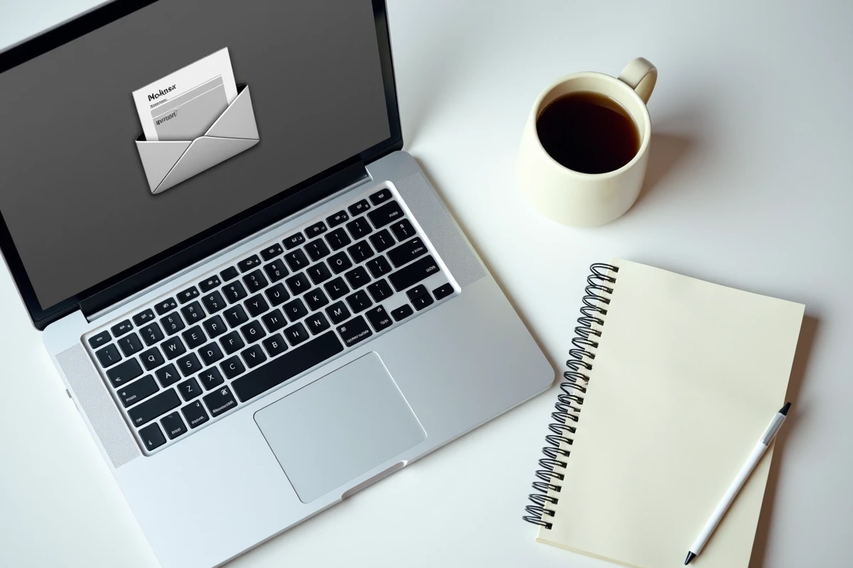 Ordinateur portable ouvert sur une page de connexion webmail académique posé sur un bureau blanc avec un carnet et une tasse de café