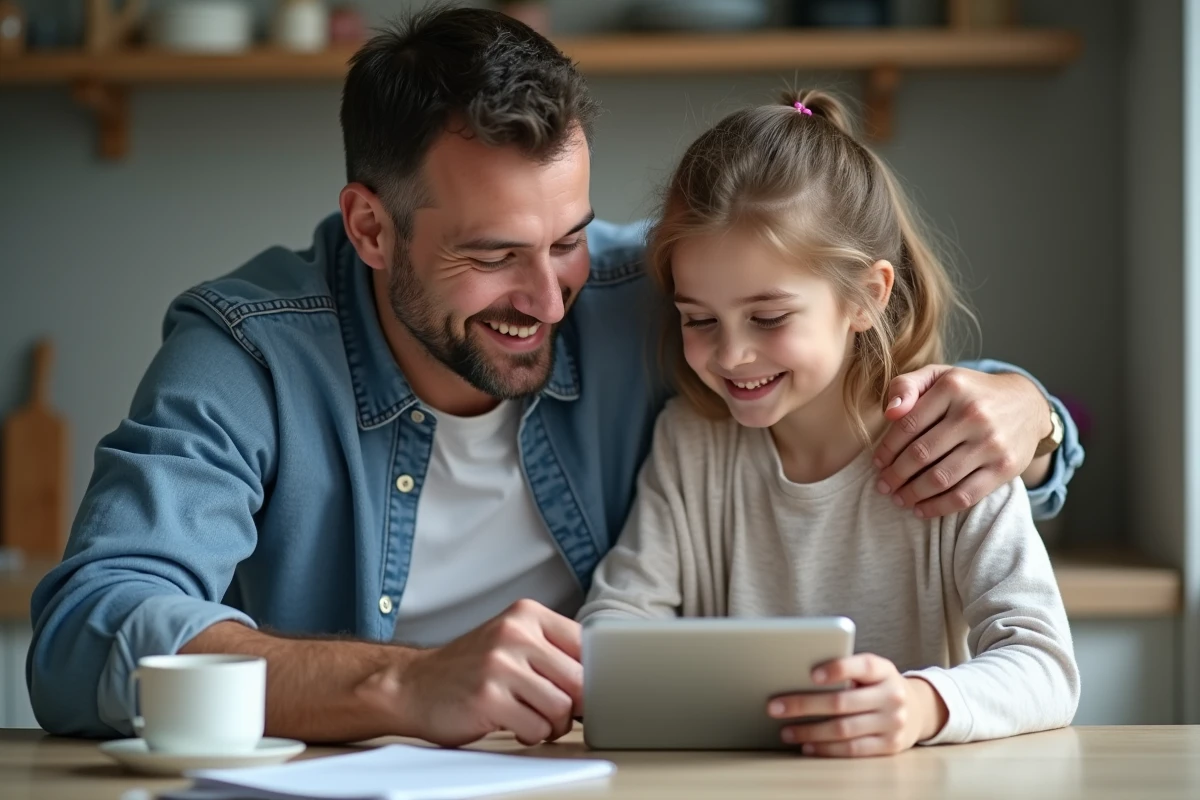 Père et fille regardant une tablette scolaire ensemble