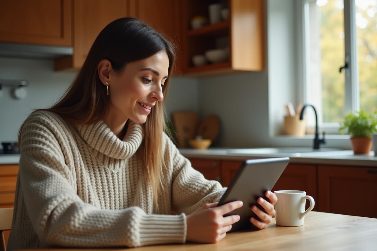 Parent consultant l'ENT eschool sur une tablette depuis son domicile pour suivre la scolarité de son enfant