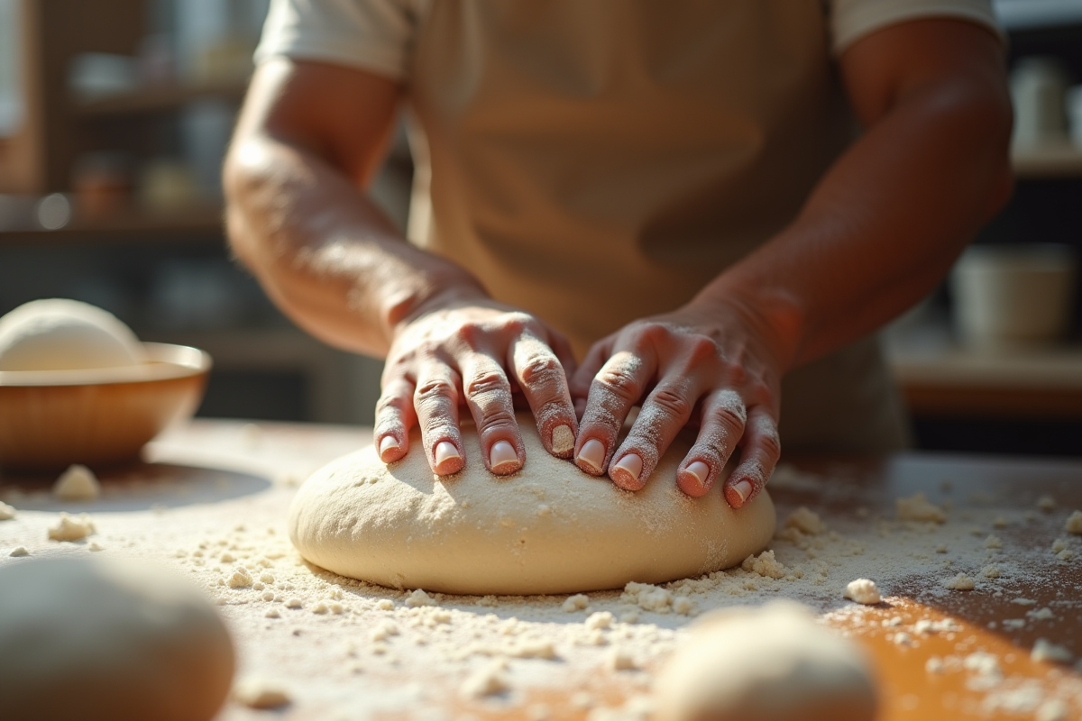 Boulanger pétrissant la pâte dans une boulangerie ensoleillee