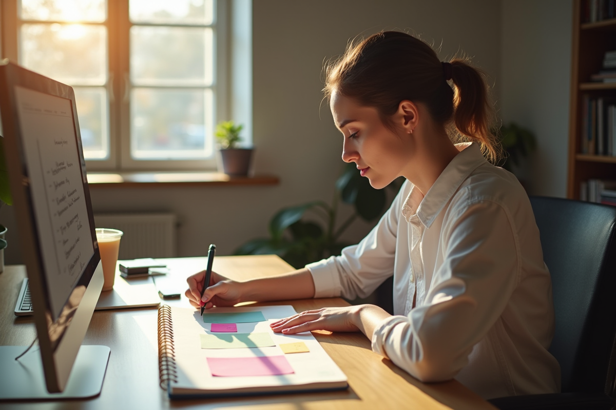 Personne concentrée organisant ses tâches avec des notes colorées