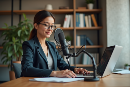 Femme enregistrant un podcast financier dans un bureau cosy