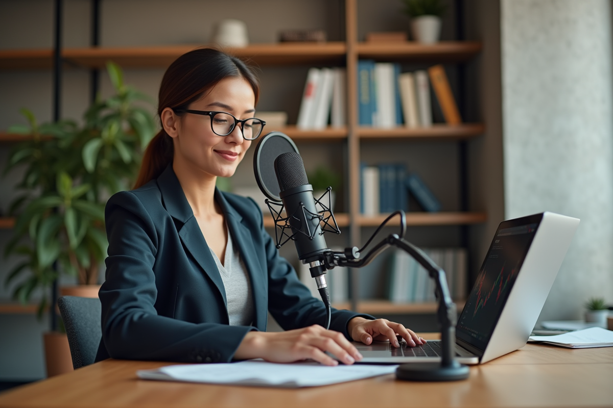 Femme enregistrant un podcast financier dans un bureau cosy