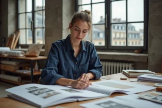 Étudiante en art préparant son dossier de candidature pour une école de design à Paris, entourée de croquis et de planches créatives sur une table d'atelier