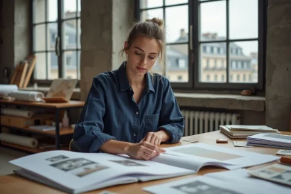Étudiante en art préparant son dossier de candidature pour une école de design à Paris, entourée de croquis et de planches créatives sur une table d'atelier