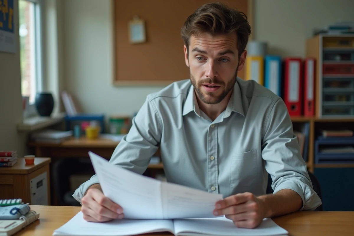 Jeune professeur des écoles consultant sa fiche de salaire dans la salle des maîtres