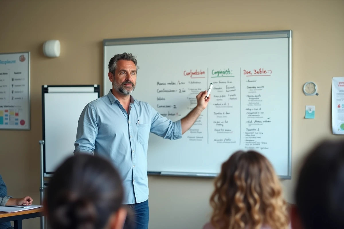 Professeur de français expliquant la conjugaison des verbes du 2ème groupe au tableau dans une salle de classe