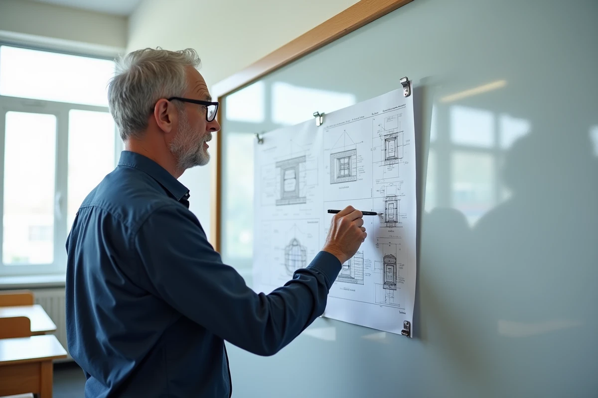 Professeur d'ingénierie présentant une fiche mémo de coupe longitudinale transversale en salle de cours