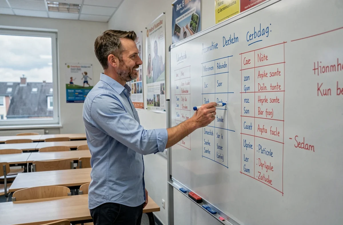 Professeur de français expliquant les règles de déclinaison allemande devant un tableau blanc rempli de tableaux grammaticaux