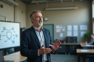 Professeur de lycée professionnel debout devant un tableau dans un atelier, illustrant le métier d'enseignant en lycée pro