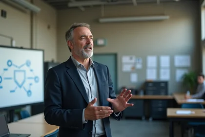 Professeur de lycée professionnel debout devant un tableau dans un atelier, illustrant le métier d'enseignant en lycée pro