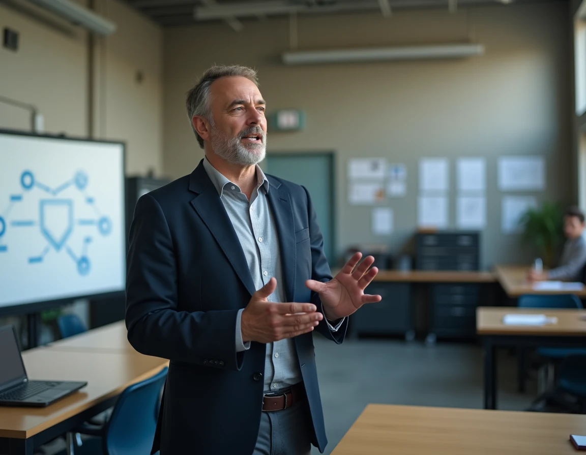Professeur de lycée professionnel debout devant un tableau dans un atelier, illustrant le métier d'enseignant en lycée pro