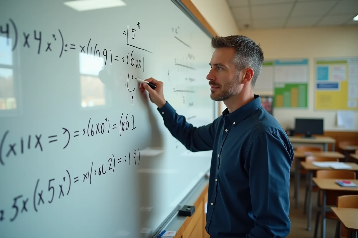 Professeur expliquant le calcul de moyenne avec coefficients au tableau dans une salle de classe