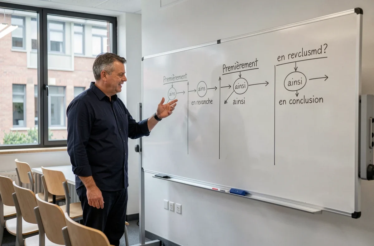 Professeur présentant un tableau de connecteurs logiques organisés en introduction, développement et conclusion dans une salle de classe universitaire