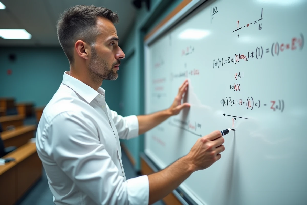 Professeur de mathématiques expliquant les formules de trigonométrie sin a cos b au tableau blanc dans un amphithéâtre universitaire