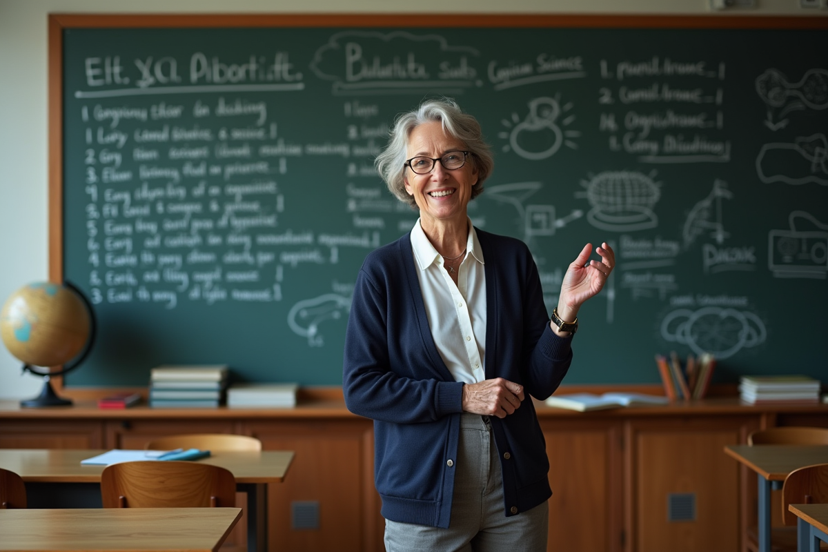 Professeure devant tableau de théories cognitives