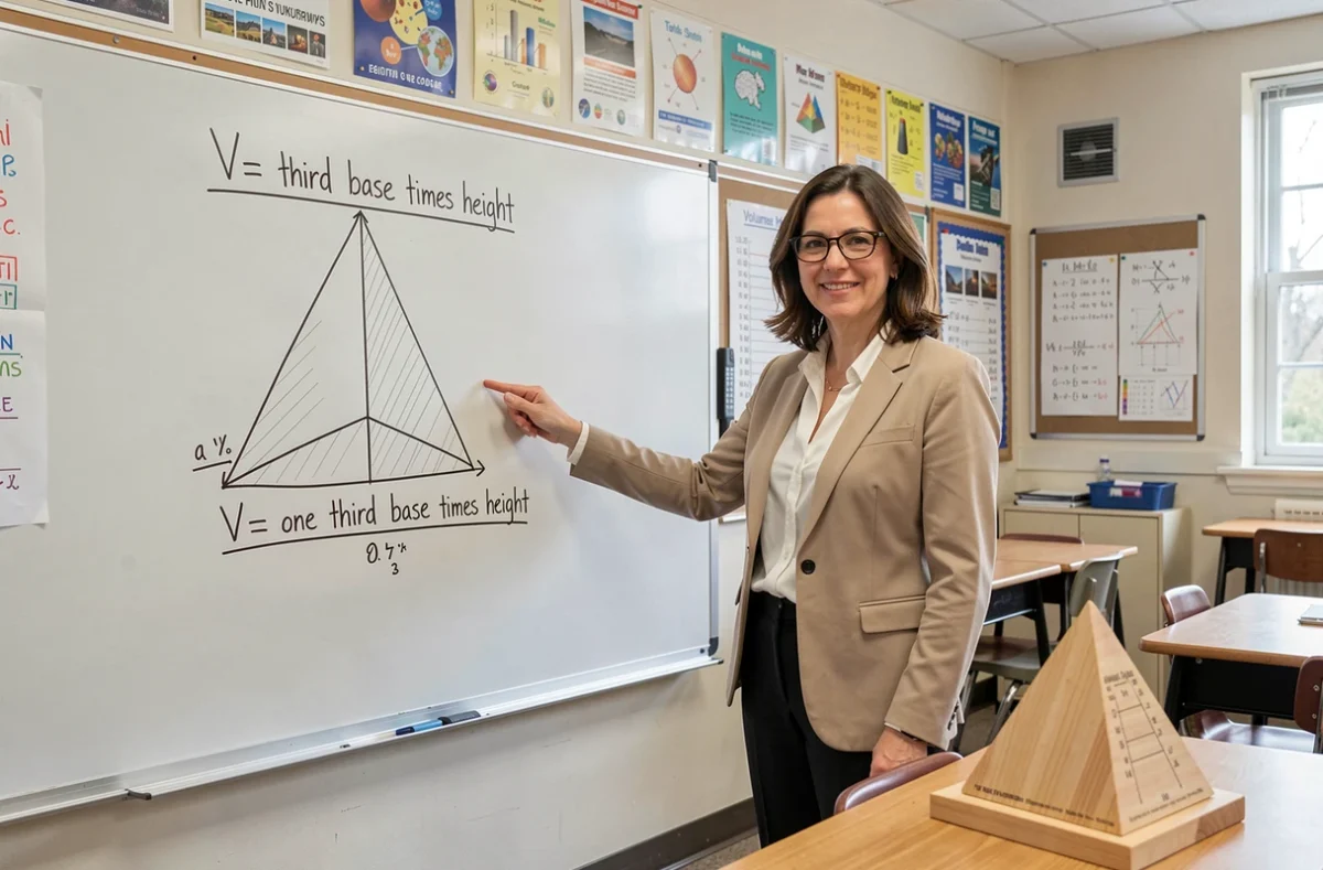 Professeure de mathématiques expliquant le volume d'une pyramide triangulaire au tableau