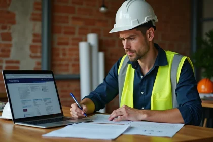 Professionnel du BTP comparant les tarifs de formations sur un ordinateur portable dans un bureau de chantier