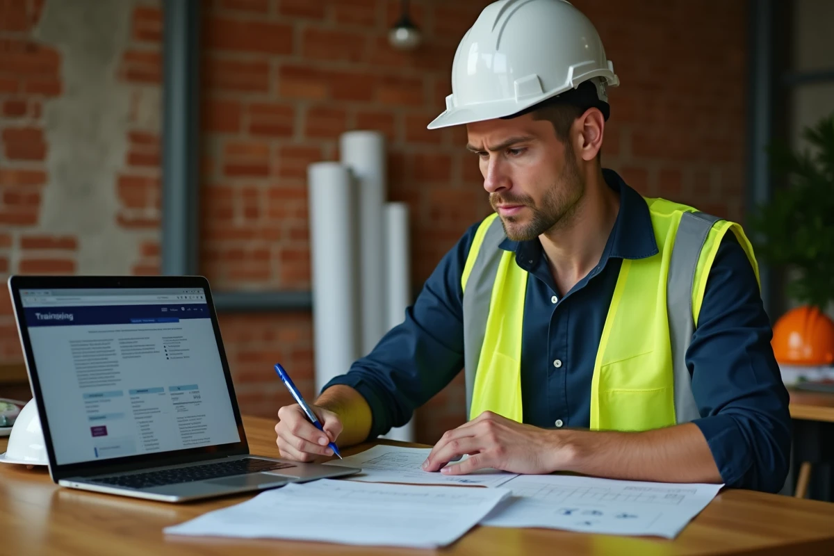 Professionnel du BTP comparant les tarifs de formations sur un ordinateur portable dans un bureau de chantier
