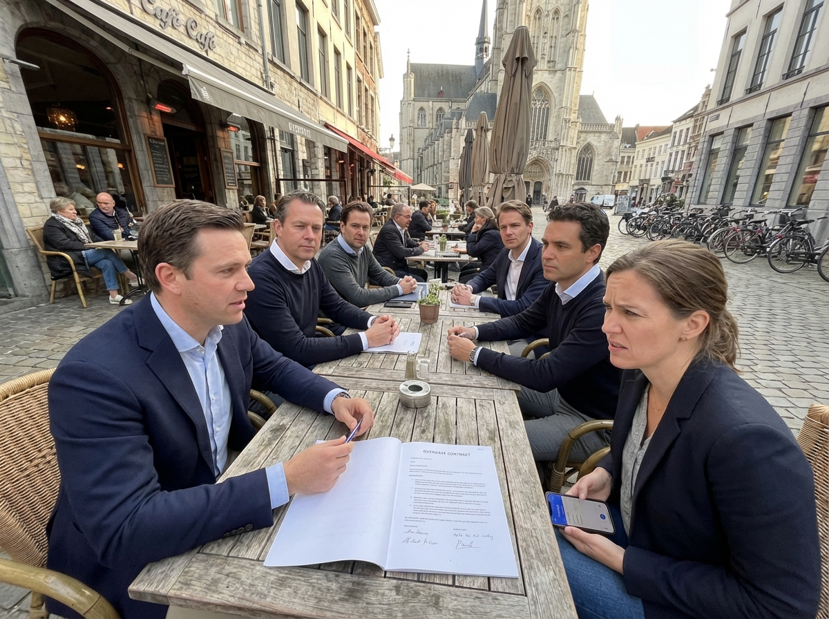 Groupe de professionnels au café à Bruxelles avec documents et téléphone