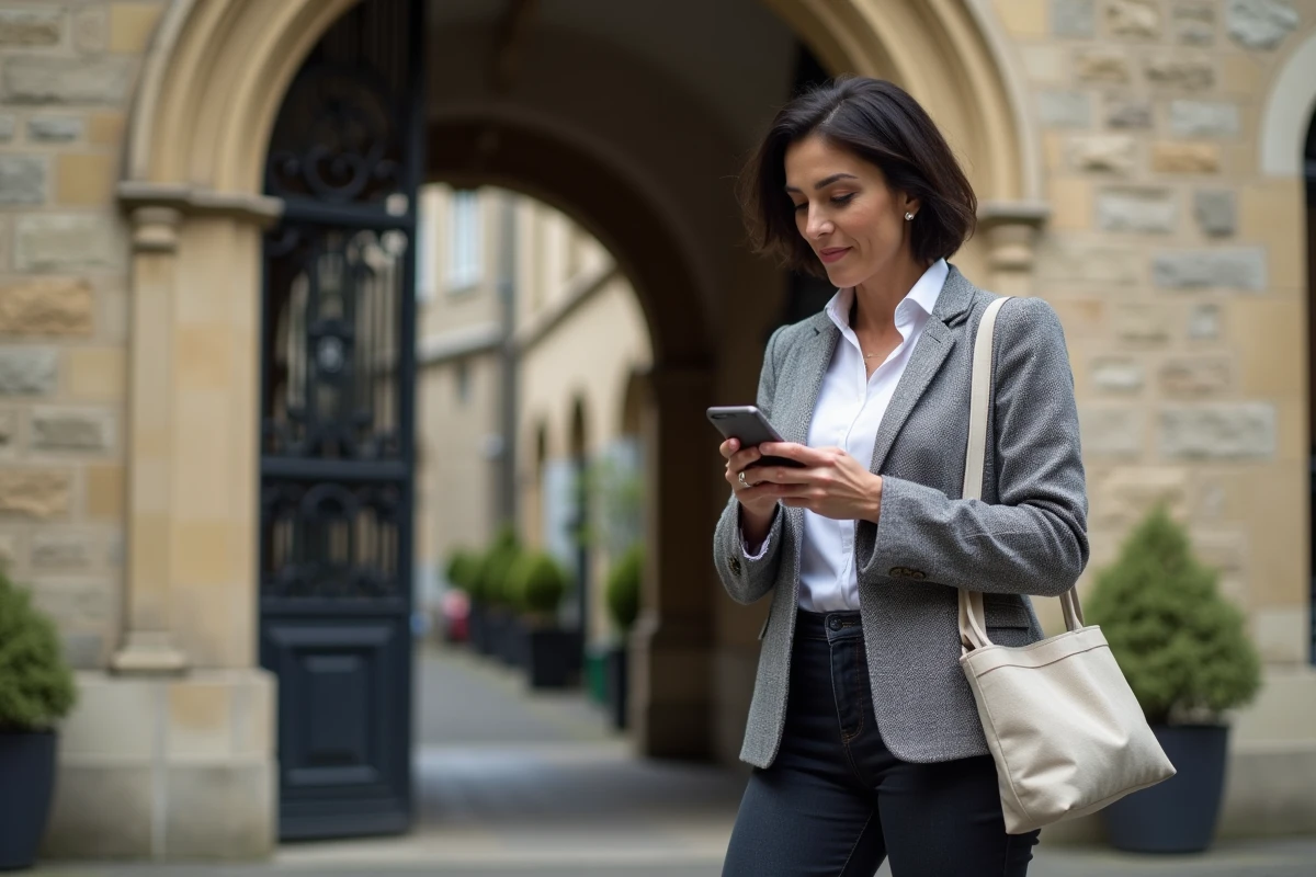 Professionnelle consultant son téléphone devant un bâtiment en pierre à Orléans pour un remplacement via Melouvert