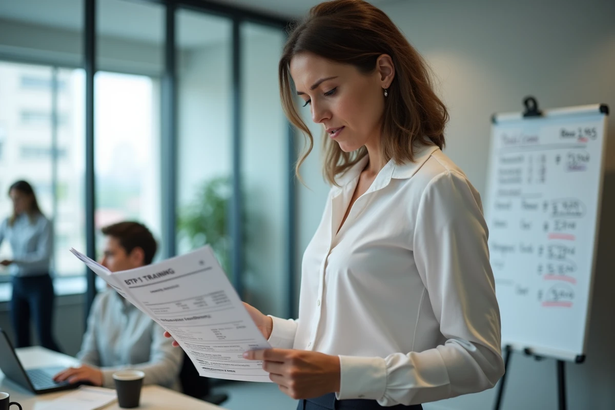 Responsable de formation BTP analysant une facture et un catalogue de prix dans un bureau moderne